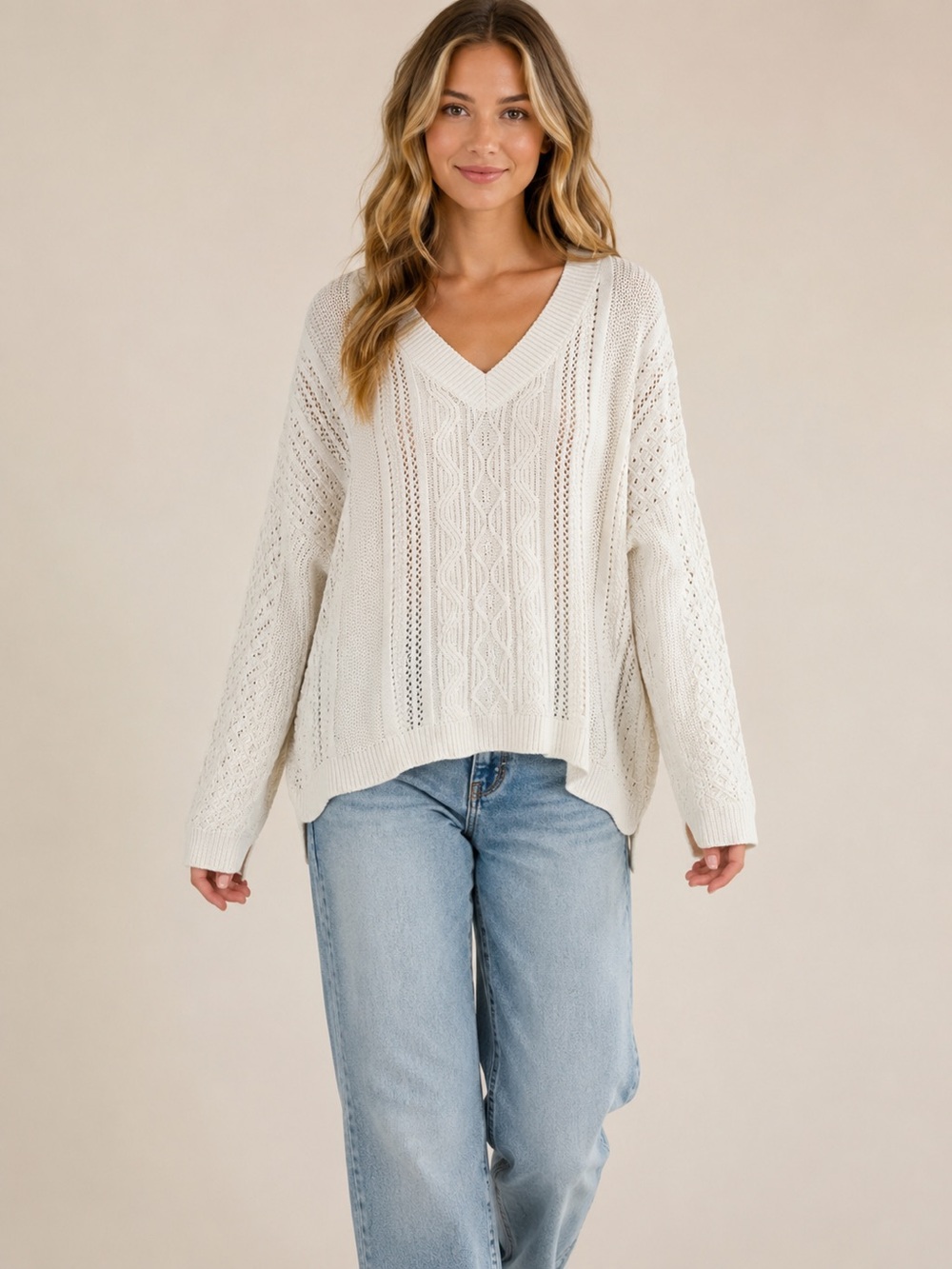 Altar’d State Oversized Cream Cable Knit V-Neck Sweater Size Small NWT